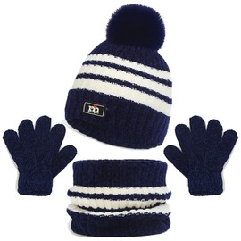 3Pcs Kids Hat Scarf Gloves Set, Pom Fleece Lined Stripe Beanie Hat, Stripe Knit Thermal Neck Warmer and Gloves Sets for Age 2-8, Winter Children Warm Accessories Sets for Outdoor (Navy)
