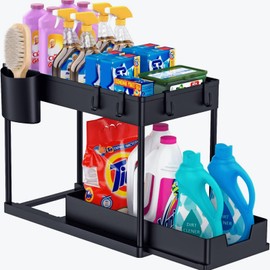 Under Sink Organizers and Storage, 2-Tier Multi-Purpose Kitchen Sink Organizer with Hooks Cup Pull Out Under Sink Shelves Organizer for Kitchen Organizers and Storage Washroom and Bathroom Organizers