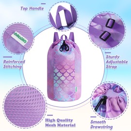 WAWSAM Mermaid Large Mesh Beach Bag for Kids, Kids Drawstring Beach Backpack for Girls, Tote Mesh Beach Toys Bag, Swim Pool Toys Balls Storage Bags Gym Bag, Beach Toy Shells Organizer