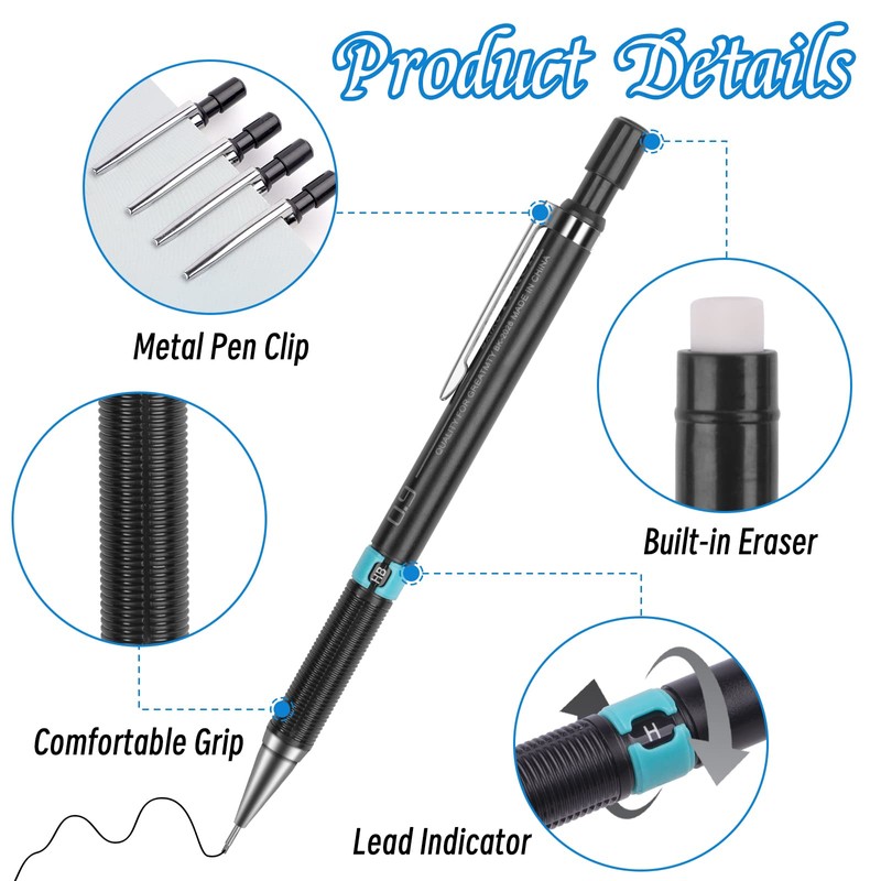 Tikplus 4Pcs Mechanical Pencil, 0.3, 0.5, 0.7, 0.9mm Retractable Pencil