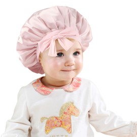 Adorila Kids Shower Caps, Soft Silk Bonnet Elastic Night Hats, Wide Band Silk Sleep Cap for Curly Hair (Pink)