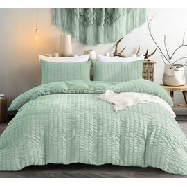 3 Pieces Light Green Double Duvet Cover Seersucker Duvet Cover Set,Puckering Lightweight Microfiber Bedding Set with Zipper Closure 200x200 cm