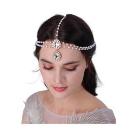 Aimimier Bohemian Teardrop Crystal Head Chain Layered Rhinestone Pearl Forehead Chain Wedding Headband Prom Party Festival Hair Accessories for Women (Gold)