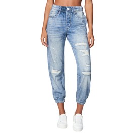 [BLANKNYC] Womens French Terry Distressed Printed Denim Jogger, Comfortable & Stylish Pants, Blue, X-Large US