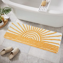 Uphome Boho Bathroom Runner Yellow and White Sun Long Bathroom Rugs Non Slip Water Absorbent Microfiber Bath Mat Modern Minimalism Machine Washable Bath Rugs for Bathtub Sink Shower, 18x47 inch
