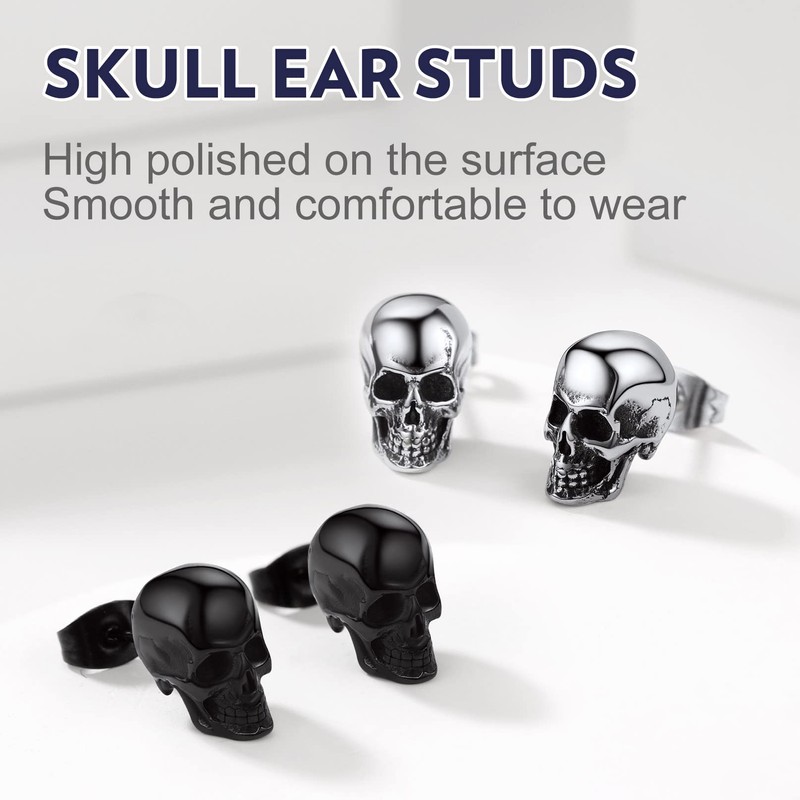 Skull Studs for Men Women Black Skull Head Stud Earrings
