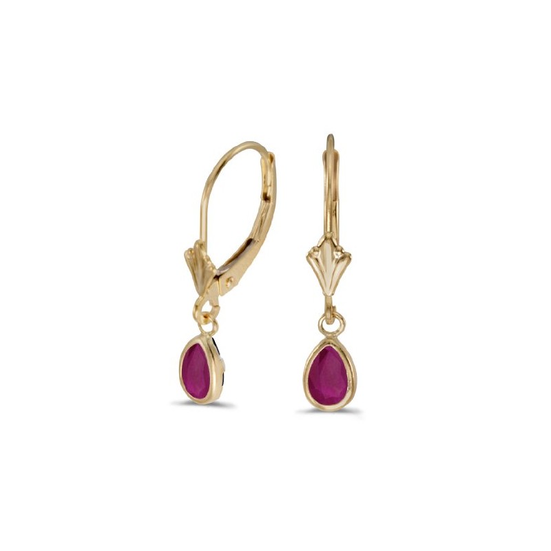 14k Yellow Gold Pear Ruby Bezel Lever-back Earrings