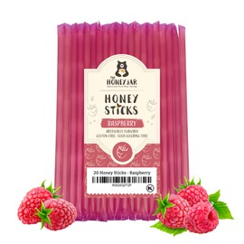 The Honey Jar Raspberry Flavored Honey Sticks - Pure Honey Straws For Tea, Coffee, or a Healthy Treat - One Teaspoon of Flavored Honey Per Stick - Made In The USA with Real Honey - (20 Count)