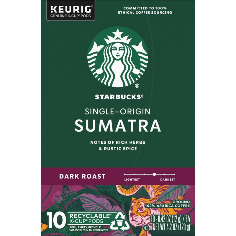 Starbucks Coffee K-Cup Pods, Single-Origin Sumatra Coffee, Dark Roast 100%
