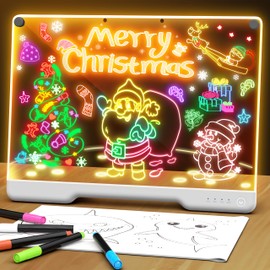 Portable LED Note Board with Colors, Rechargeable 16-inch 7 Light Effects Doodle Glow Memo Message Dry Erase Drawing Lumi Board with Stand for Gift/Classroom/Office/Kids, 5 Markers & Sketchbook