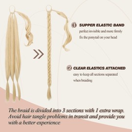 BARSDAR 30 Inch Long Braided Ponytail Extension with Hair Tie - Straight Sleek Wrap Around Blonde Braided Ponytail Hair Extensions - Synthetic Pony Tails Hairpieces for Women - Beige Blonde Mix