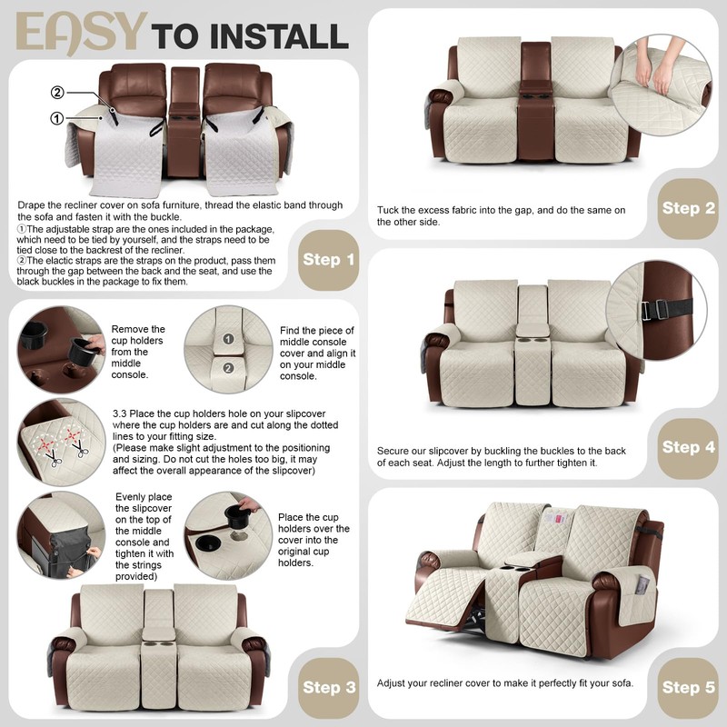 KinCam 100% Waterproof Loveseat Recliner Cover with Console, Non-Slip Reclining
