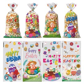 50Pcs Easter Party Favor Bags Bunny Eggs Cellophane Bag 4.9x10.6 Inch Clear Plastic Candy Cookie Treat Bags with Gold Twist Ties for Easter Party Favor Packaging Bag