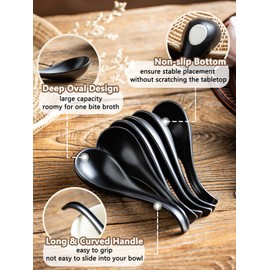Gomakren Asian Soup Spoons, 6.5 Inch Ceramic Chinese Soup Spoons for Cereal, Ramen, Pho, Noodles, Stews, Black Kitchen Spoons with Long Handle and Deep Oval Design - Set of 6