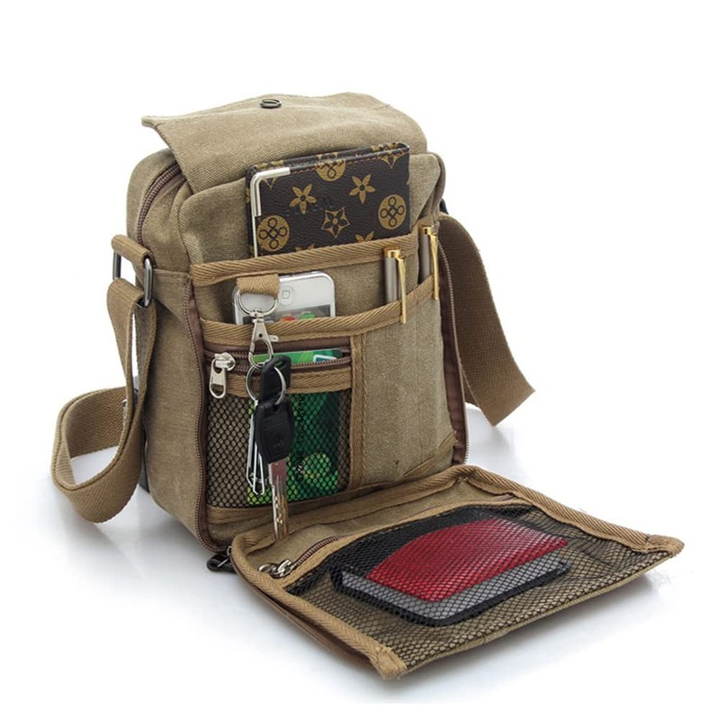 Bolso Lona Hombre Casual Viaje Compras Hombro Cruzada Multiuso (Khaki)