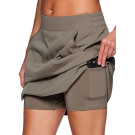 RBX Active Longer Length Skort for Women, Quick Drying Woven Pickleball Golf Skort with Pockets for Tennis, Hiking, Running, Long Length Smoke Sage, Small