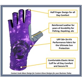 Scale Wear Fishing Guide Gloves UPF 50+ Exposed Fingers Quick Dry Breathable Half Finger Second Skin Superior Non Slip Grip for Men and Women Kayaking UV Protection (Purple, X-Large)