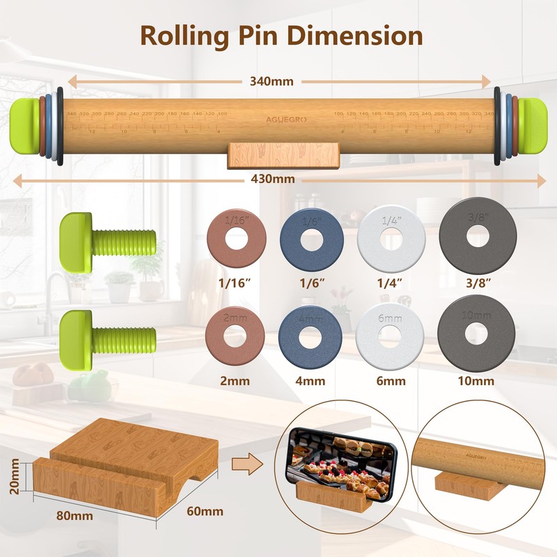 Aguegro Rolling Pin with Adjustable Thickness Ring, Dough Thickness for