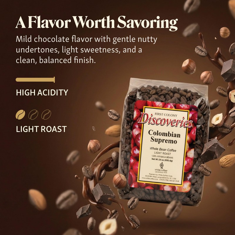 First Colony Colombian Whole Bean Coffee, Colombian Supremo, Light Roast,