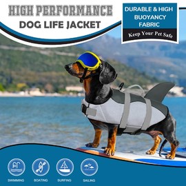 Large Dog Life Jacket Shark, Dog Swimming Safety Vest with Reflective Stripes & Rescue Handle, Adjustable High Buoyancy S/M/L Dog Swim Life Preserver for Water at Pool, Beach, Boating Gray XS