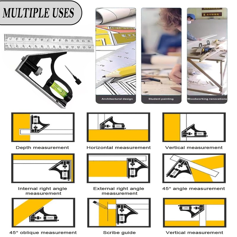 Combination Square 300mm(12") Adjustable Carpentry Square Stainless Steel Angle Ruler