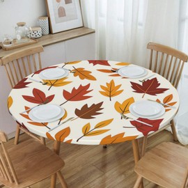 Fall Orange Pumpkin Floral Dark Brown Plaid Round Tablecloth Farmhouse Table Cover with Elastic Edge Washable Fitted Table Cloth for Kitchen Patry Outdoor Decor Fits 45"-50", Medium