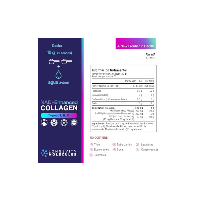 ETERNAL NUTRITION Péptidos de Colágeno Hidrolizado Bovino + NAD+ (500