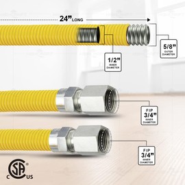 Gas Connector 24 inch Yellow Coated Stainless Steel, 5/8” OD Flexible Gas Hose Connector for Gas Range, Furnace, Stove with 3/4” FIP x 3/4” FIP Stainless Steel Fittings, 24” Gas Appliance Supply Line