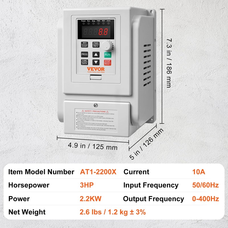 VEVOR VFD 3HP, 2.2KW, 10A, 1 Phase 220V-240V Input to