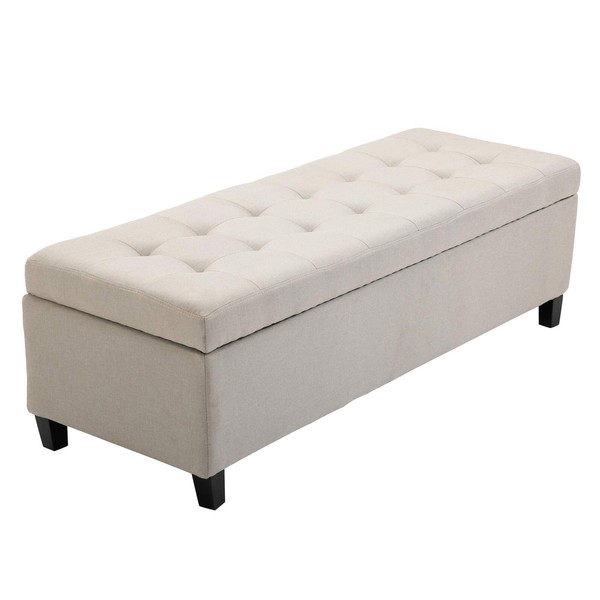 HOMCOM 50" Large Tufted Linen Fabric Ottoman Storage Bench with