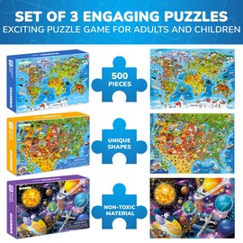 QUOKKA Puzzles for Adults 500 Pieces - 3 Pack of 500 Piece Puzzles for Kids Ages 8-10-12 - Enjoy World Map, USA Map & Space Map Designs for Women and Men