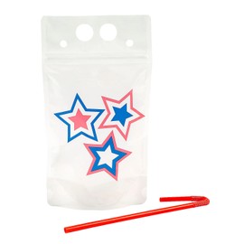 Fun Express Patriotic Party Collapsible Plastic Drink Pouches with Straws, 50 Pieces