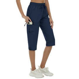 MoFiz Womens Cargo Capri Pants with Pockets Quick Dry Waterproof Casual Travel Pants for Ladies Summer Wear Navy L