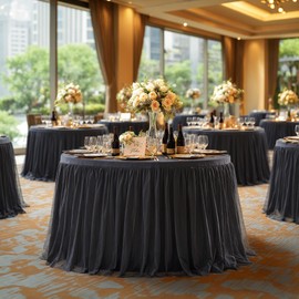 Round Tablecloth Fitted for 48 inches Tables with Thick Tulle Table Skirt Washable Wedding Table Cover Dinnig Party Table Cloth Baby/Bridal Shower, Reception, Banquet, Formal Events, Black