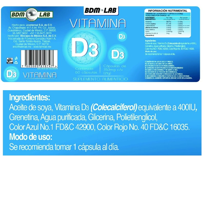 Vitamina D3 | Paquete de 3 Frascos | 60 cápsulas