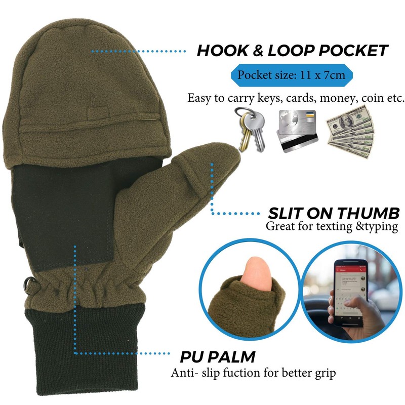Zeltauto Men’s Thinsulate Gloves Convertible Fingerless Mitten Flap Cover Multipurpose