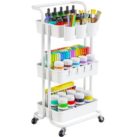 Pipishell 3 Tier Rolling Cart - Art & Craft Organizer Cart with Hanging Cups & Hooks - White Metal Storage Carts with Wheels Perfect for Craft Room, Office, Kitchen, Bedroom, Bathroom, Laundry Room