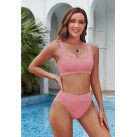 Pink Queen Women's High Waisted Bikini Scoop Neck Two Piece Swimsuit Pink XL