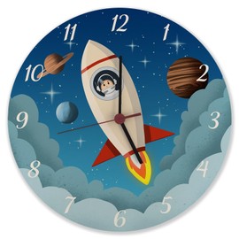 speecheese Rocket in Space Wall Clock Made of Aluminium for Children Beautiful Clock for Children's Room with Planets of the Cosmos as a Birthday Gift for Children and Decoration for the Bedroom