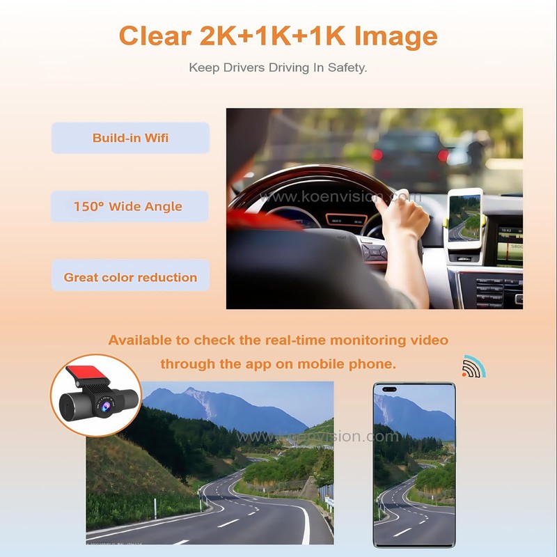 3 Channel Dash Cam 2K+1080P Front, Inside and Rear, Screenless