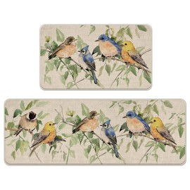 Livcoz Spring Summer Watercolor Birds Kitchen Rugs Set of 2, Bluebird Blue Jay Goldfinch Chickadee Leaves Kitchen Mats Decor, Seasonal Floor Door Mat Home Decorations - 17x29 and 17x47 Inch
