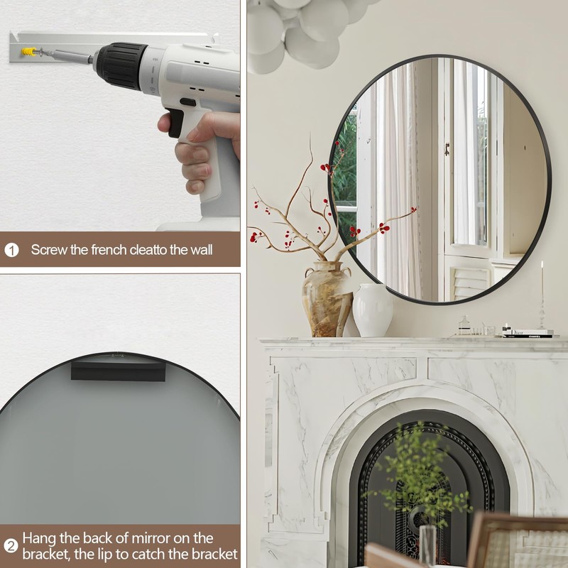 FARMER 18 Inch Black Circle Mirror, Round Bathroom Mirror, Vanity