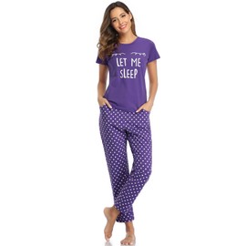 SPKPKEY Womens Cotton Pajama Set Short Sleeve Top and long Pants Soft Pjs Sets Sleepwear Purple Small