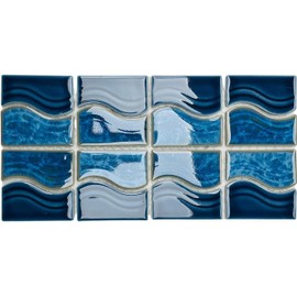Tenedos Navy Ocean Blue Wavy Porcelain Lineup Border Pool Wall Floor Tile Backsplash on 6x12 Mesh Mounted Easy Installation for Bathroom, Kitchen, Accent Decor, Shower, Swimming Pool, Spas (1 Piece)