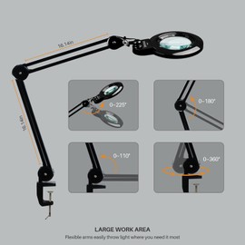 Bemelux Clamp on Magnifying Glass Lamp, 6 - Inch Detachable 3D/5D Replaceable Lenses,120 LEDs, 1200 Lumens, 3 Color Modes, Multidirectional Movable Arm(Black)
