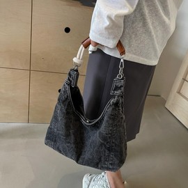 LIZHAOCAI Women Denim Shoulder Handbag Underarm Bag Tote Purse (Black)