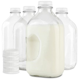 Stock Your Home Half Gallon Glass Milk Bottle with Lid (4 Pack) 64 Oz Jugs and 8 White Caps, Reusable Food Grade Milk Container for Refrigerator, Bottles for Juice, Oat or Plant Milks, Water, Honey