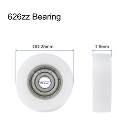 sourcing map 4Pcs Ball Bearing Guide 5x25x9mm Double Shielded Nylon Roller Bearings, Flat Pulley Wheel for Furniture, Hardware Accessories, White