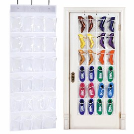 QUMENEY 24-Pocket Over-The-Door Shoe Organiser, Folding Hanging Organiser with Hooks, Heavy-Duty Hanging Mesh Holder for Bedroom, Bathroom, Wardrobe