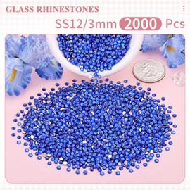 2000PCS SS12/3mm Crystal Rhinestones (Blue/Sapphire), Bedazzling Flatback Glass Rhinestones for Crafting DIY Nail Art Makeup Decoration, Gems Diomand Charms for Tumbler Shoes Clothing Mug